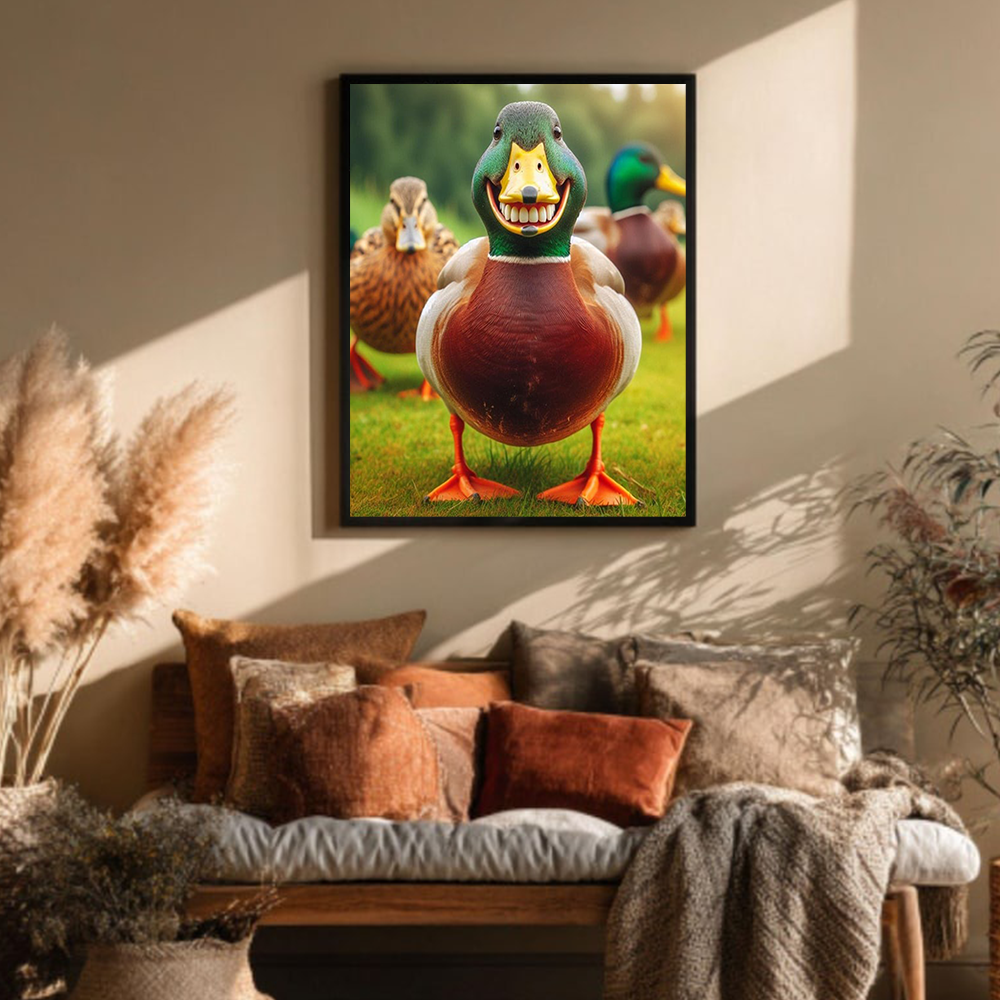 Funny Mallard Duck Grinning Canvas Wall Art – Humorous Hunting Lodge Decor Rustic Gift for Hunters & Cabin Man Cave
