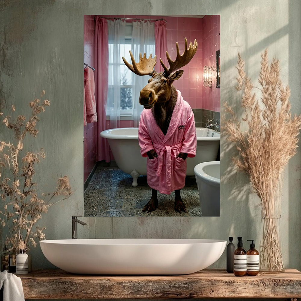 Funny Moose in Pink Bathrobe Canvas – Humorous Animal Bathroom Wall Art
