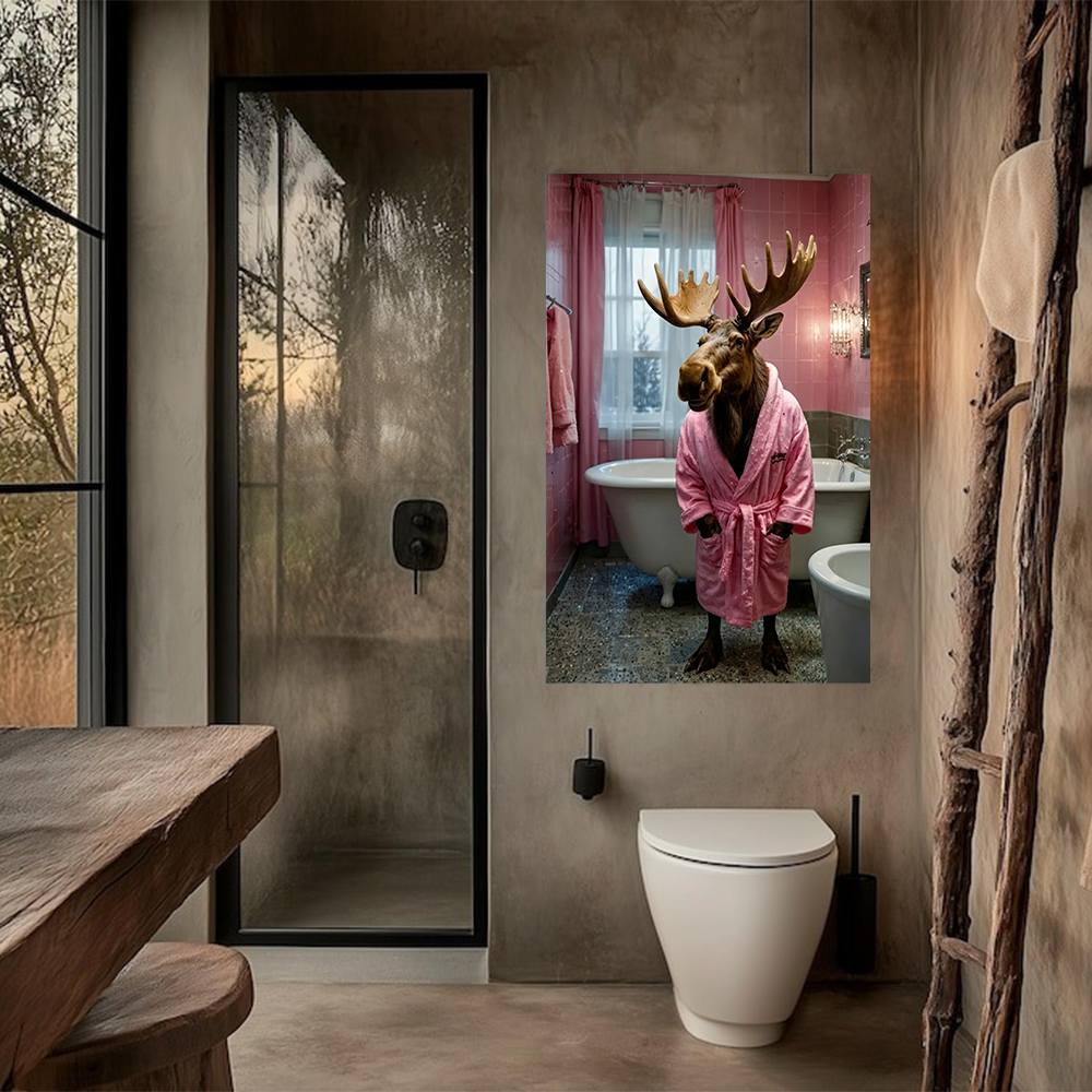 Funny Moose in Pink Bathrobe Canvas – Humorous Animal Bathroom Wall Art