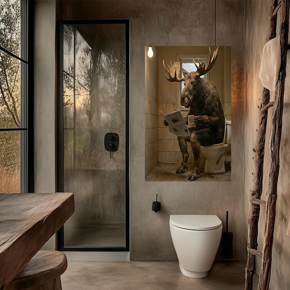 Funny Moose Bathroom Wall Art Canvas – Humorous Animal Reading Newspaper on Toilet, Rustic Hunting Lodge Decor Gift