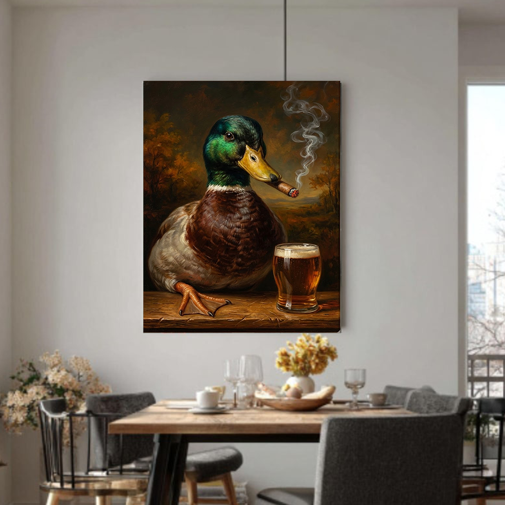 Funny Mallard Duck Smoking & Drinking Cocktail Canvas Wall Art – Rustic Hunting Decor Gift for Hunters & Cocktail Lovers