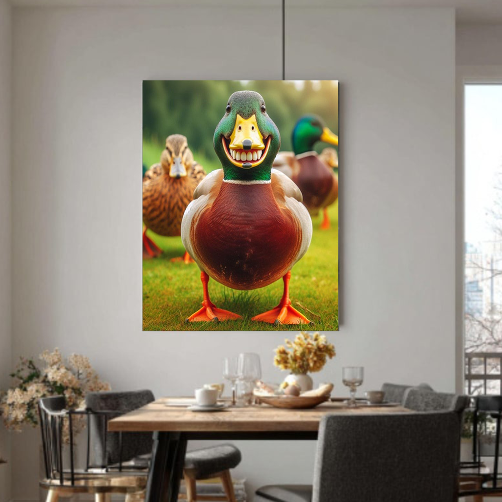 Funny Mallard Duck Grinning Canvas Wall Art – Humorous Hunting Lodge Decor Rustic Gift for Hunters & Cabin Man Cave