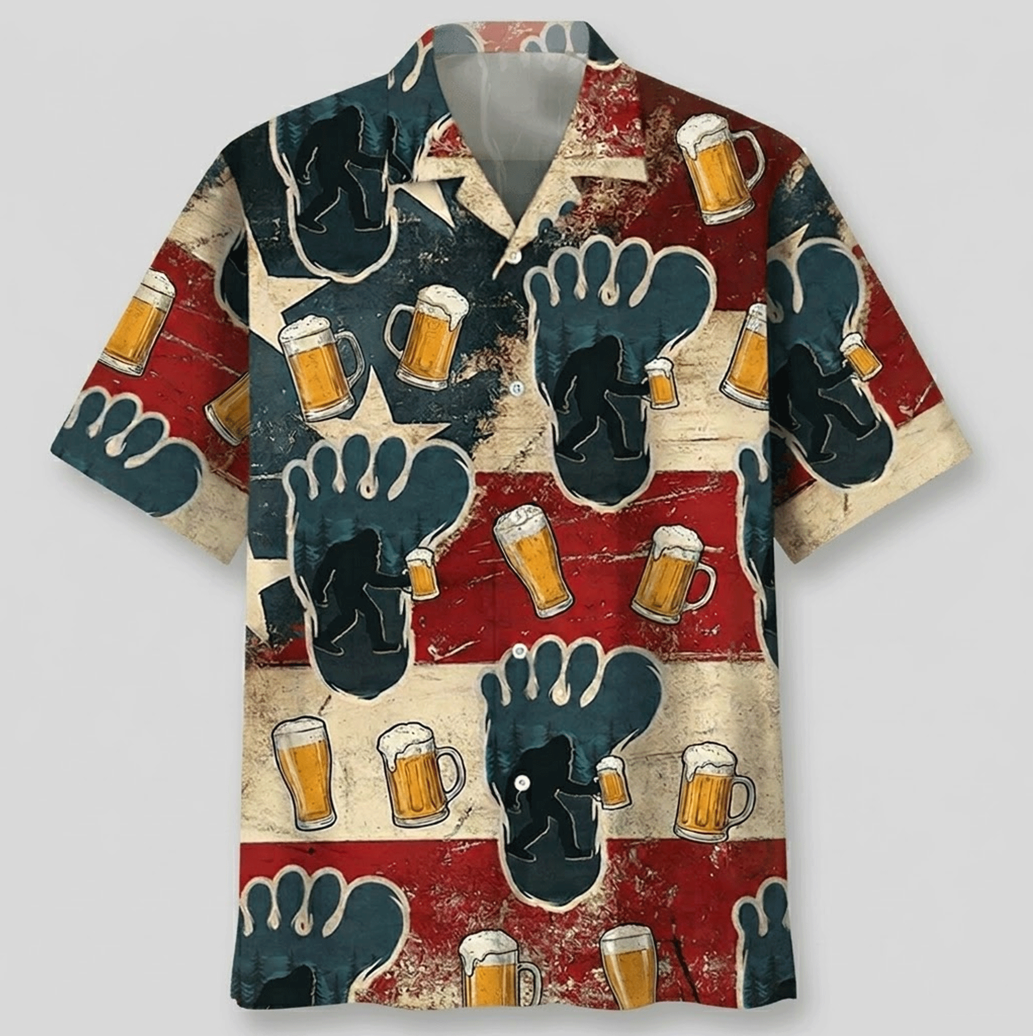 Funny Bigfoot Beer Hawaiian Shirt  American Flag Aloha Button Down Patriotic Outfit That Gets Laughs