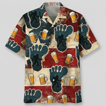 Funny Bigfoot Beer Hawaiian Shirt  American Flag Aloha Button Down Patriotic Outfit That Gets Laughs