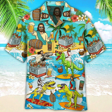Funny Jesus Riding Dinosaur Hawaiian Shirt Beer Aloha Button Down Summer Outfit That Gets Laughs