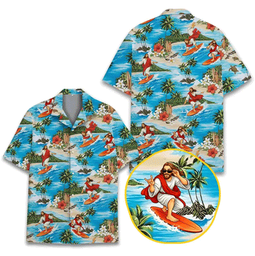 Funny Surfing Jesus Hawaiian Shirt  Christian Aloha Button Down Summer Beach Outfit That Stands Out