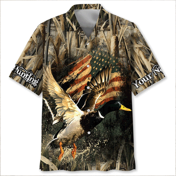 Custom Name America Duck Hunting Hawaiian Shirt  Patriotic Aloha Button Down Personalized Gift for Hunters