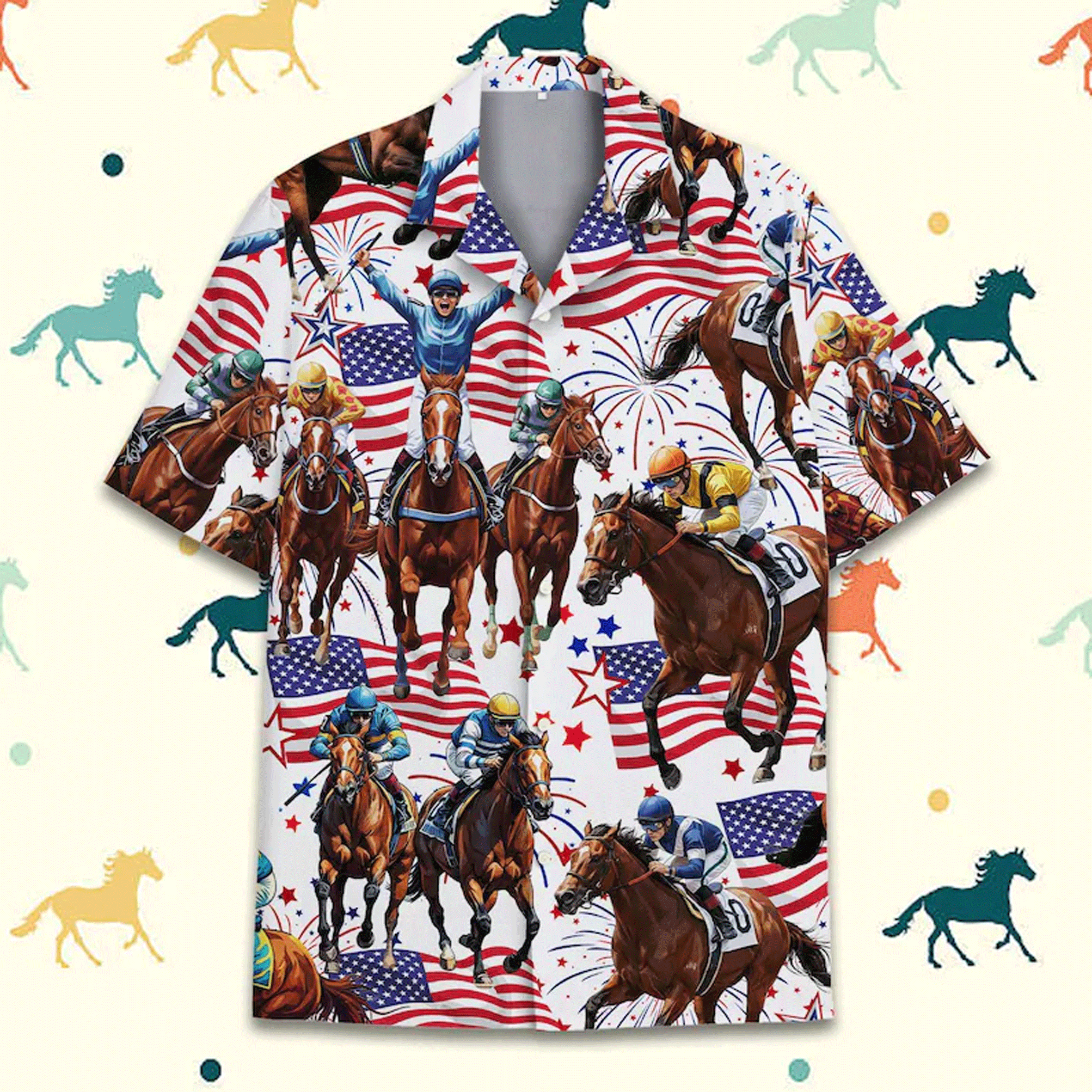 Horse Racing Hawaiian Shirt  Patriotic USA Flag Jockey Aloha Button Down Derby Outfit That Stands Out