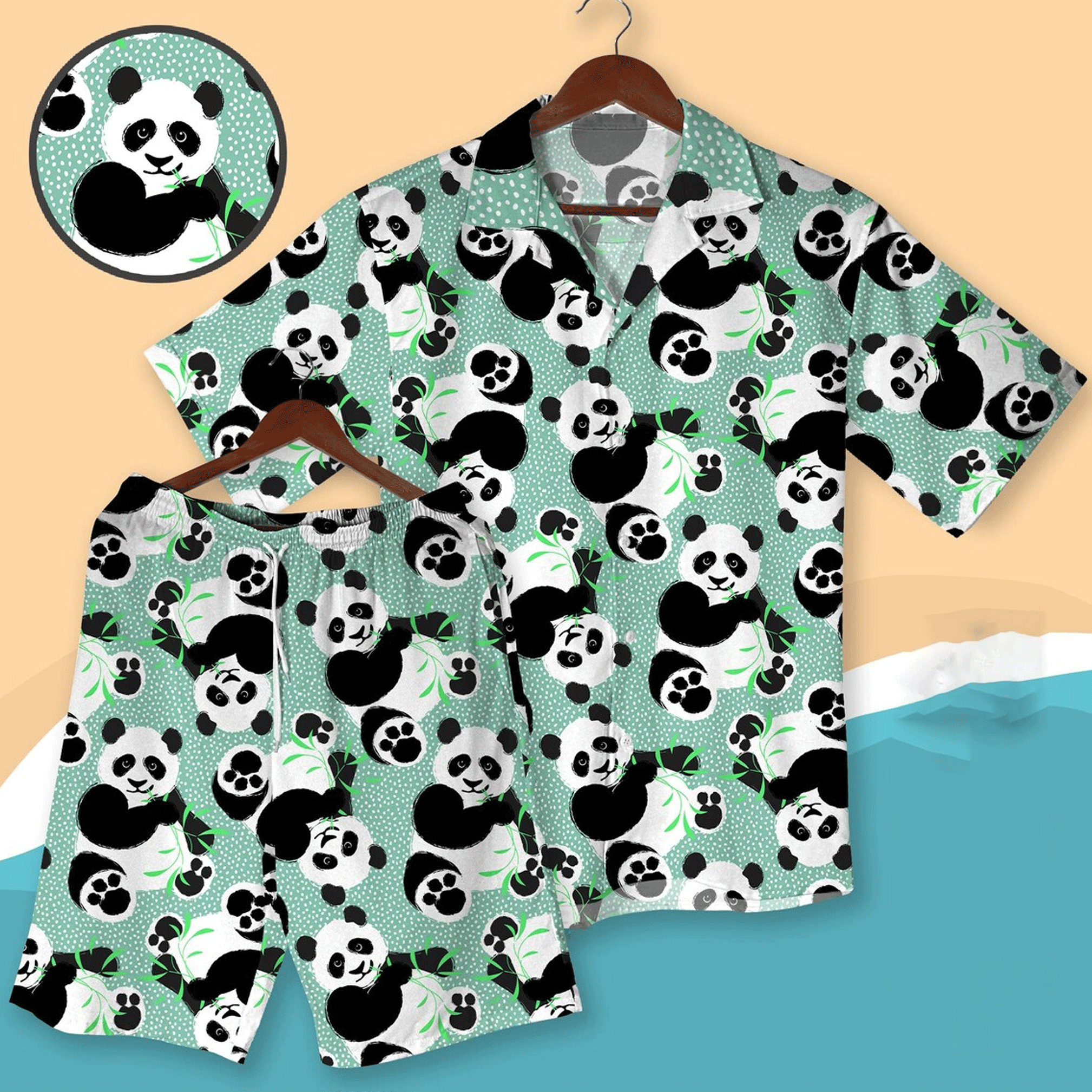 Kawaii Panda Hawaiian Shirt  Cute Animal Aloha Button Down Summer Beach Matching Set