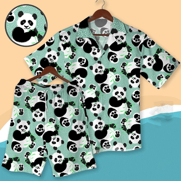 Kawaii Panda Hawaiian Shirt  Cute Animal Aloha Button Down Summer Beach Matching Set
