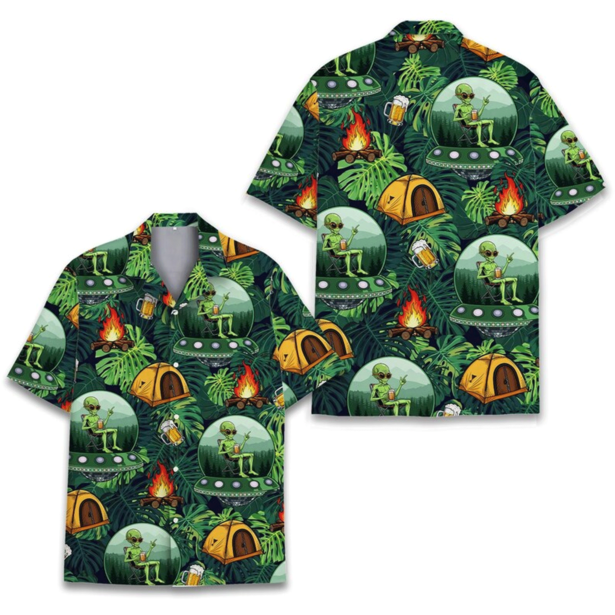 Funny Alien Camping Hawaiian Shirt  UFO Beer Bonfire Aloha Button Down Summer Outfit That Gets Laughs