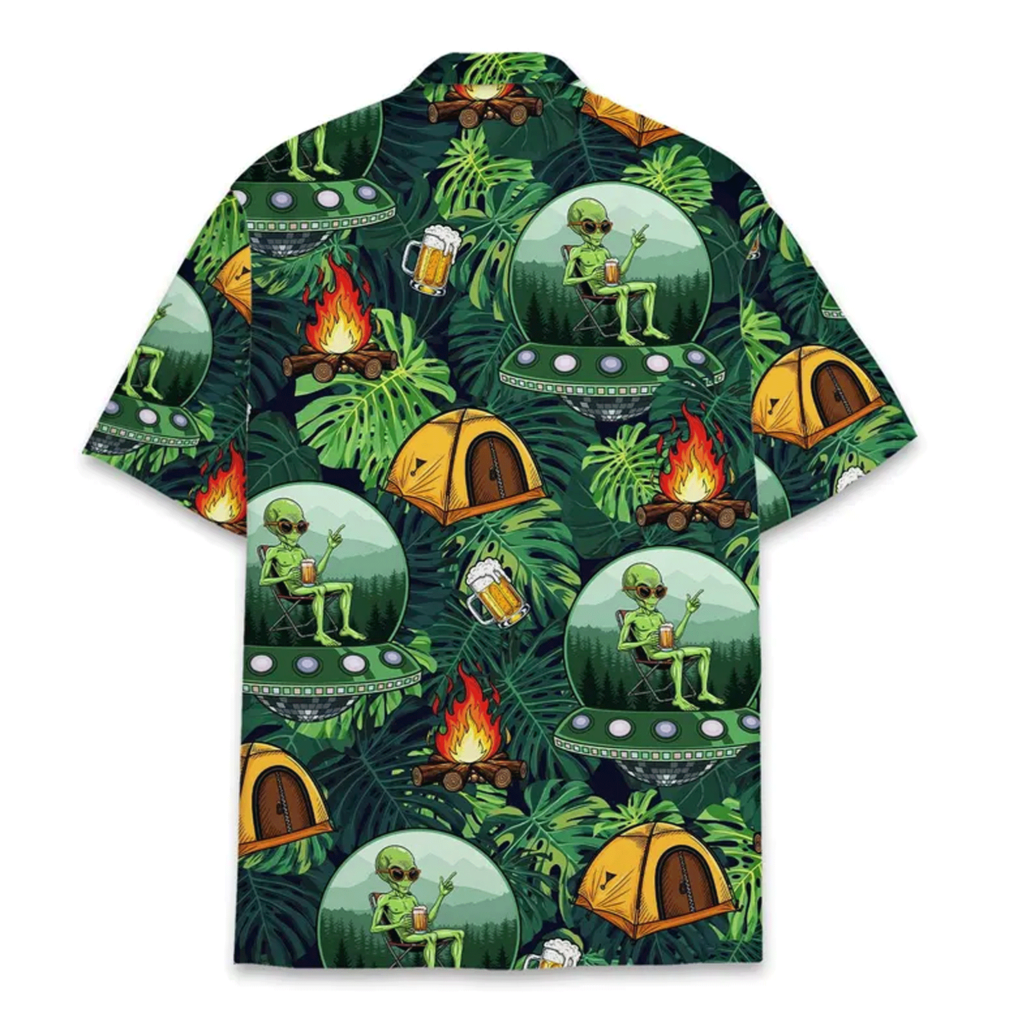 Funny Alien Camping Hawaiian Shirt  UFO Beer Bonfire Aloha Button Down Summer Outfit That Gets Laughs