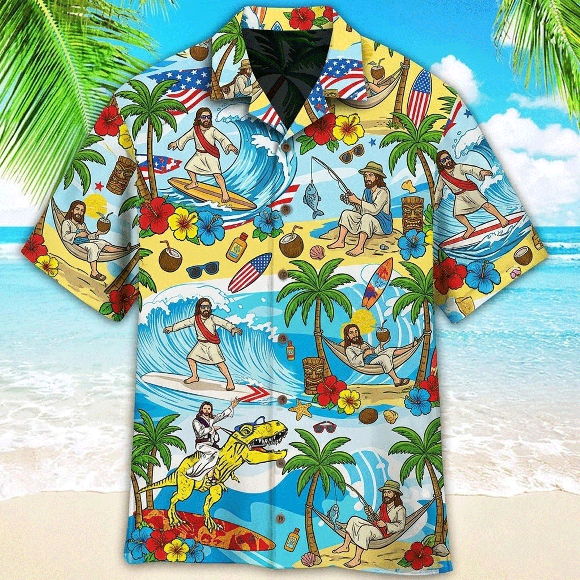 Funny Jesus Surfing Hawaiian Shirt Dino Aloha Button Down Tropical Beach Outfit That Gets Laughs