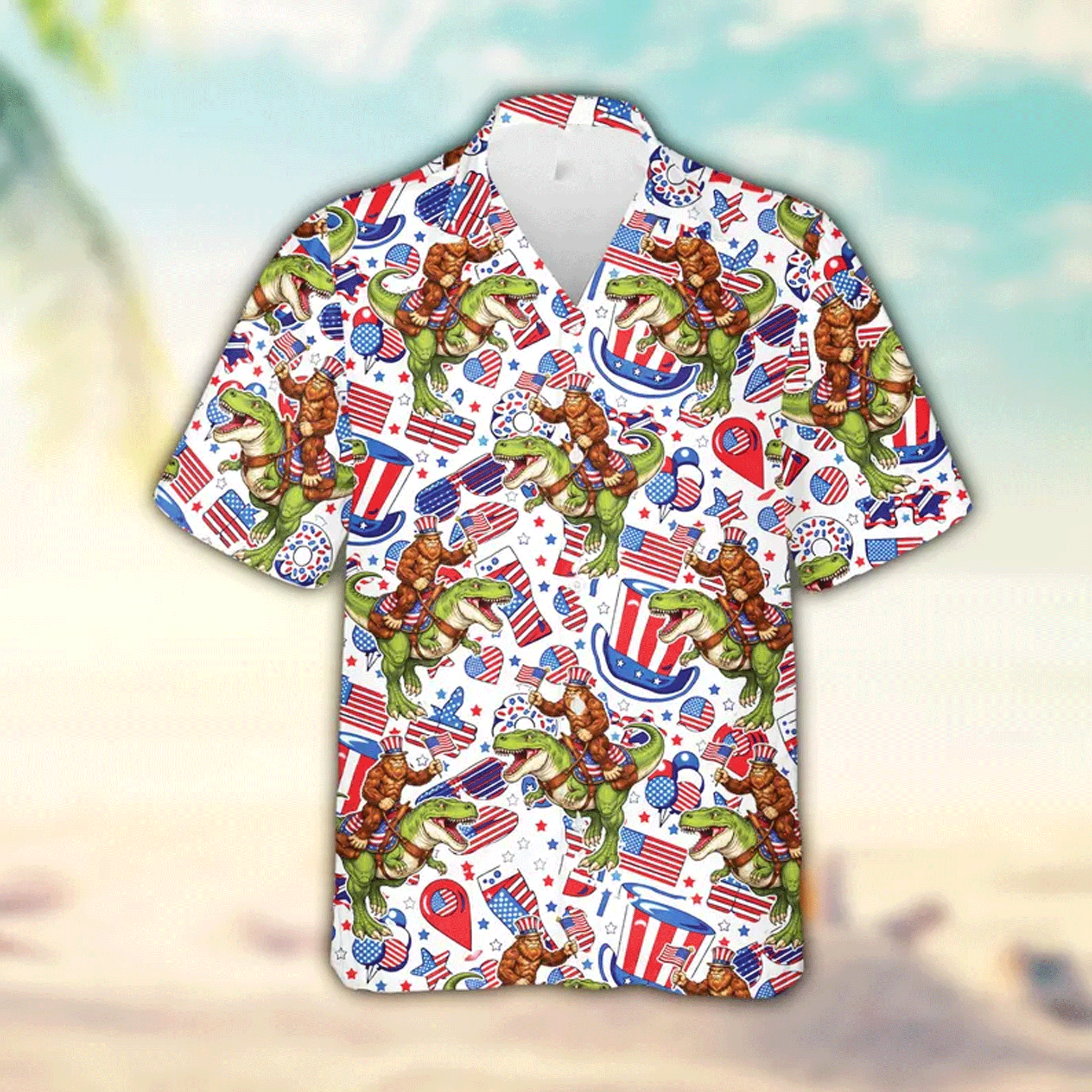 4th of July Bigfoot Riding Dinosaur Hawaiian Shirt  Patriotic USA Flag Aloha Button Down