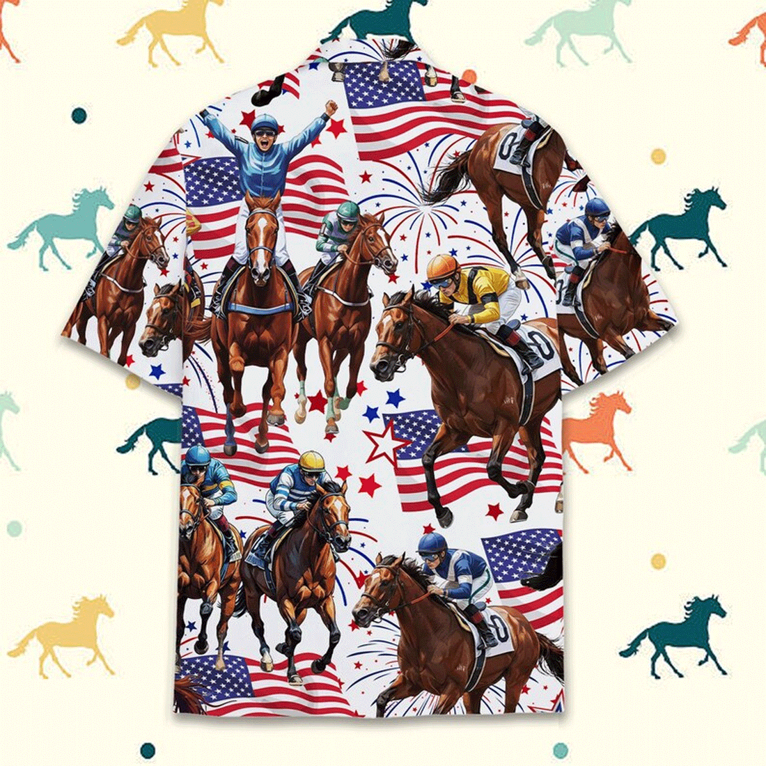 Horse Racing Hawaiian Shirt  Patriotic USA Flag Jockey Aloha Button Down Derby Outfit That Stands Out