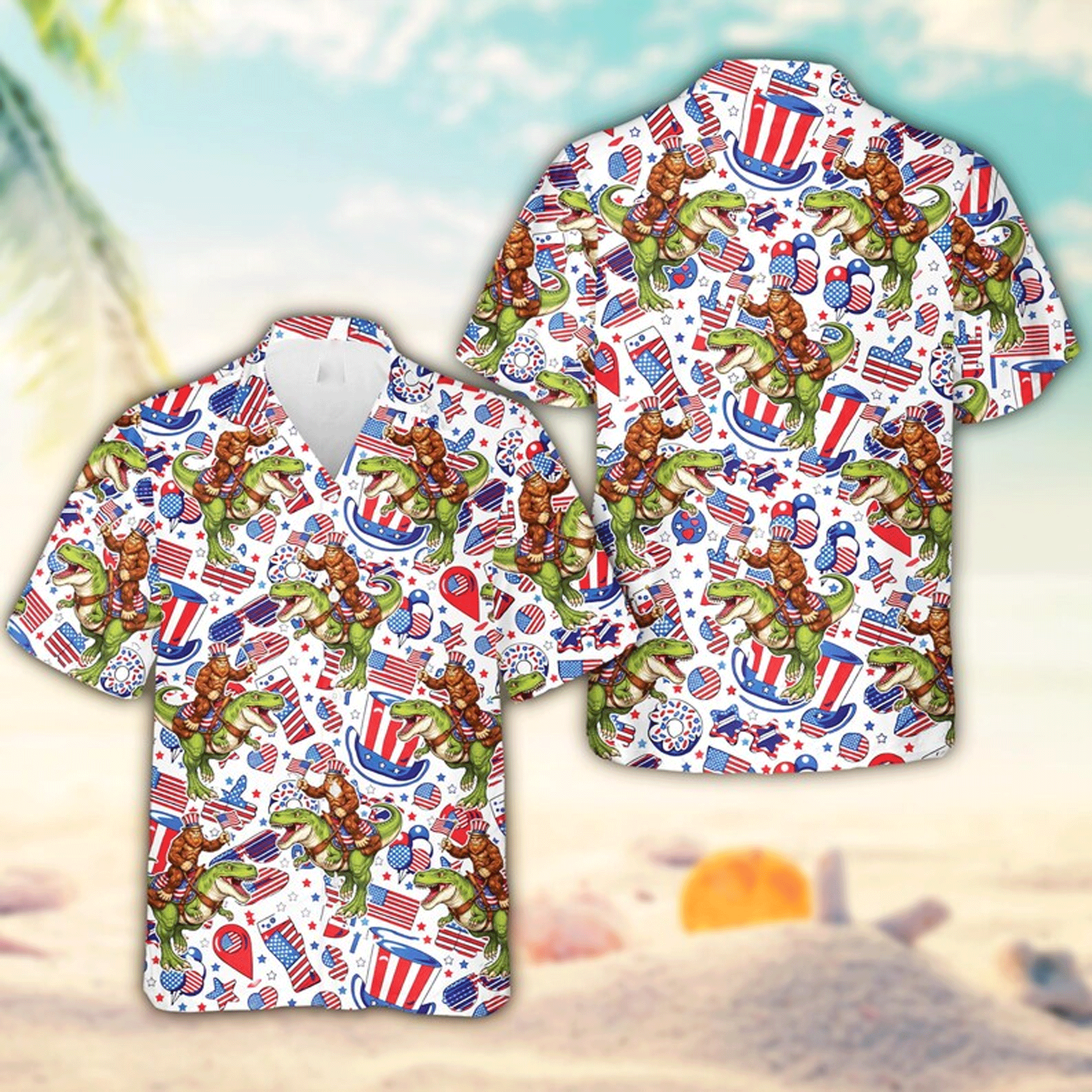 4th of July Bigfoot Riding Dinosaur Hawaiian Shirt  Patriotic USA Flag Aloha Button Down