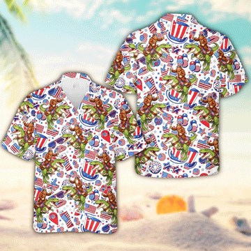 4th of July Bigfoot Riding Dinosaur Hawaiian Shirt  Patriotic USA Flag Aloha Button Down