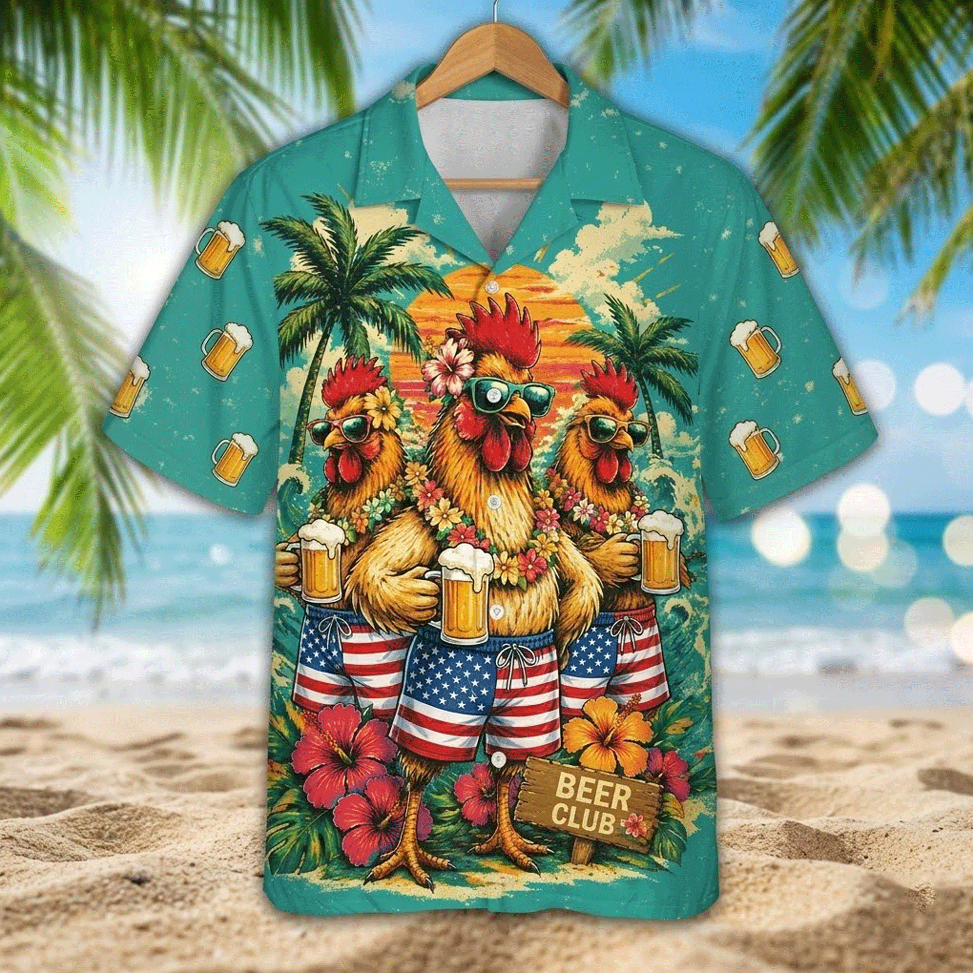 Funny Chicken Beach Club Hawaiian Shirt  Tropical Beer Aloha Button Down That Gets Laughs