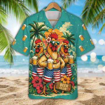 Funny Chicken Beach Club Hawaiian Shirt  Tropical Beer Aloha Button Down That Gets Laughs