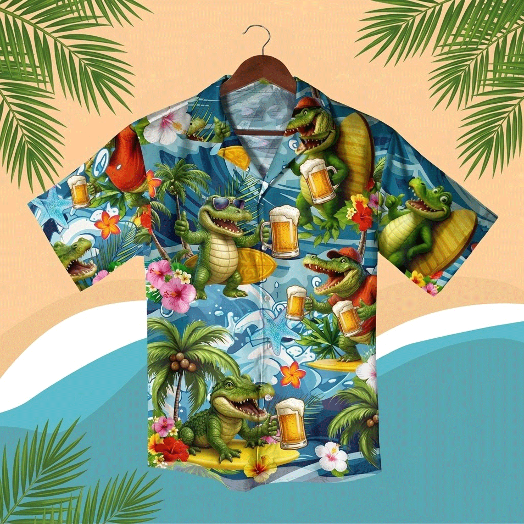 Funny Alligator Hawaiian Shirt Tropical Surf Crocodile Button Up Shirt Summer Beach Vacation Aloha Shirt Colorful Novelty Shirt