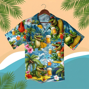 Funny Alligator Hawaiian Shirt Tropical Surf Crocodile Button Up Shirt Summer Beach Vacation Aloha Shirt Colorful Novelty Shirt