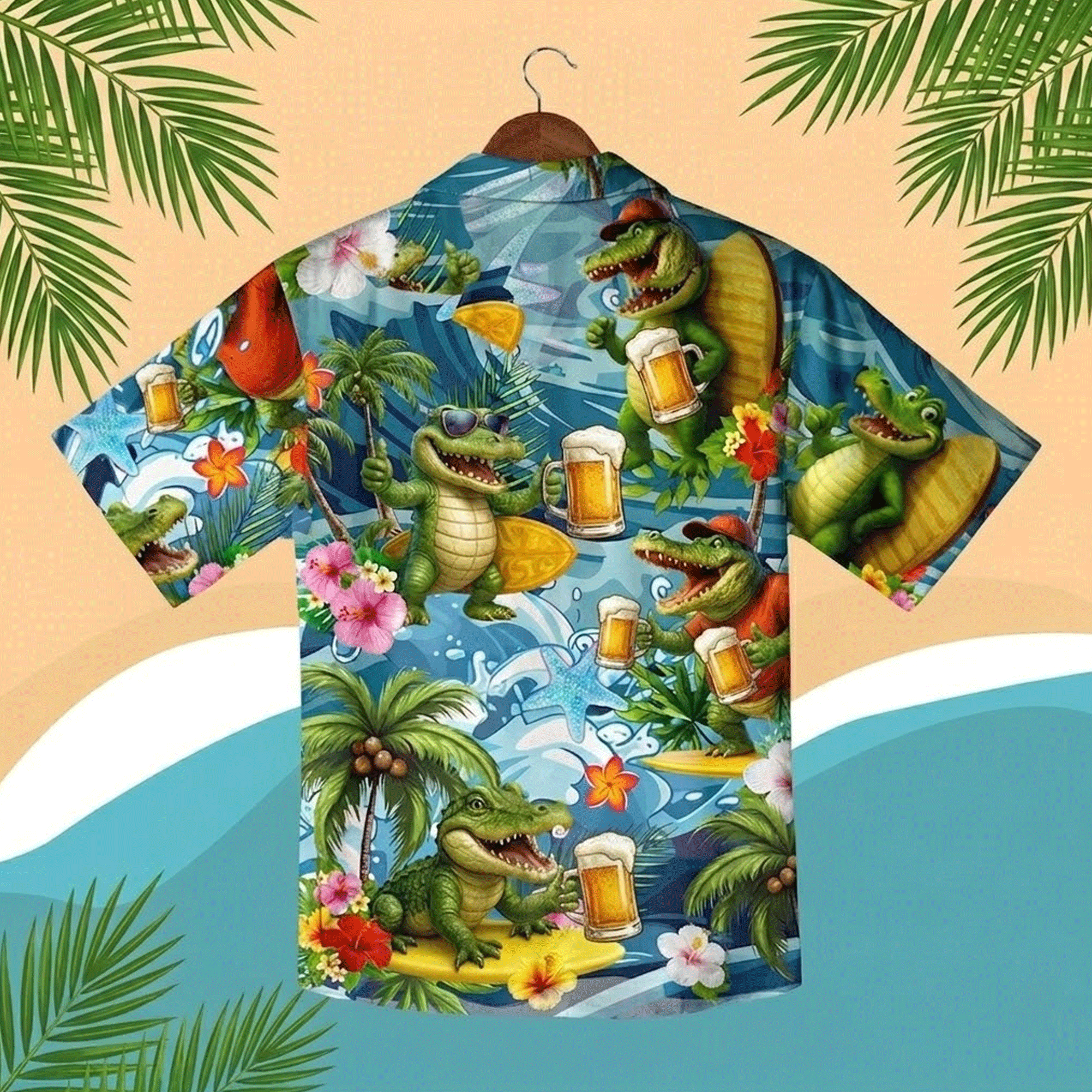 Funny Alligator Hawaiian Shirt Tropical Surf Crocodile Button Up Shirt Summer Beach Vacation Aloha Shirt Colorful Novelty Shirt