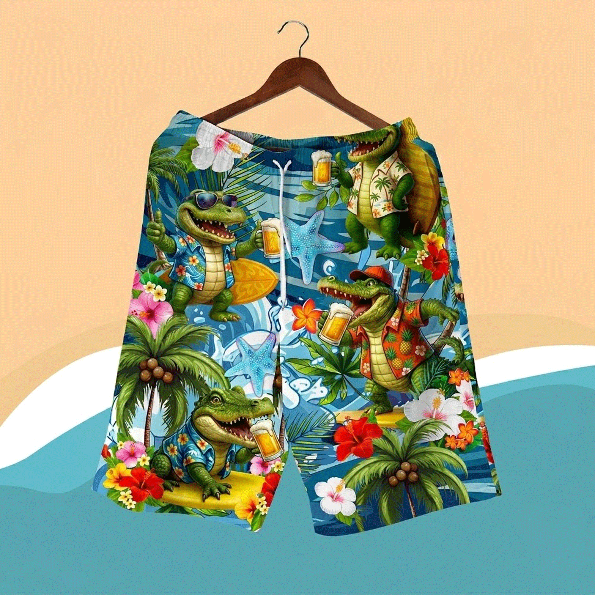 Funny Alligator Hawaiian Shirt Tropical Surf Crocodile Button Up Shirt Summer Beach Vacation Aloha Shirt Colorful Novelty Shirt