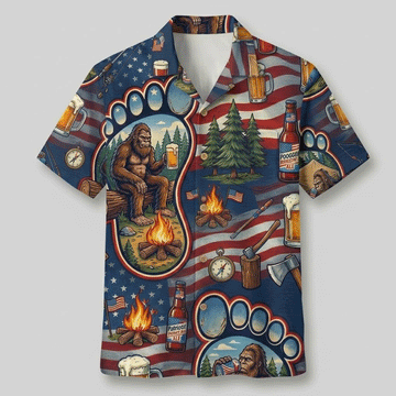 Funny Bigfoot Beer Hawaiian Shirt American Flag Aloha Button Down Camping Outfit That Gets Laughs