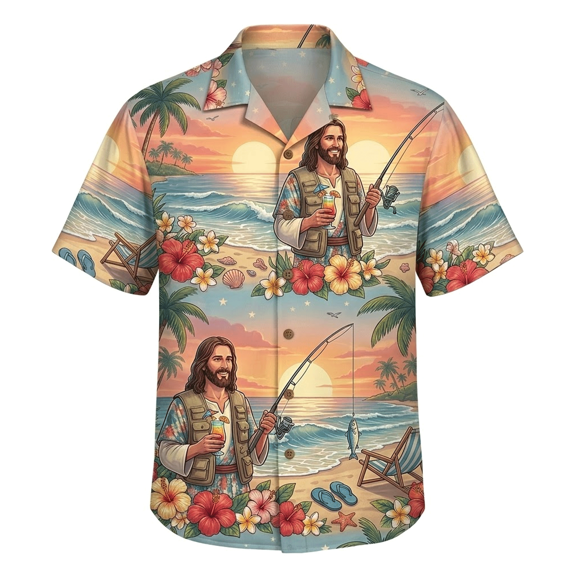 Funny Jesus Fishing Hawaiian Shirt  Tropical Sunset Aloha Button Down Beach Outfit That Gets Compliments