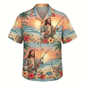 Funny Jesus Fishing Hawaiian Shirt  Tropical Sunset Aloha Button Down Beach Outfit That Gets Compliments