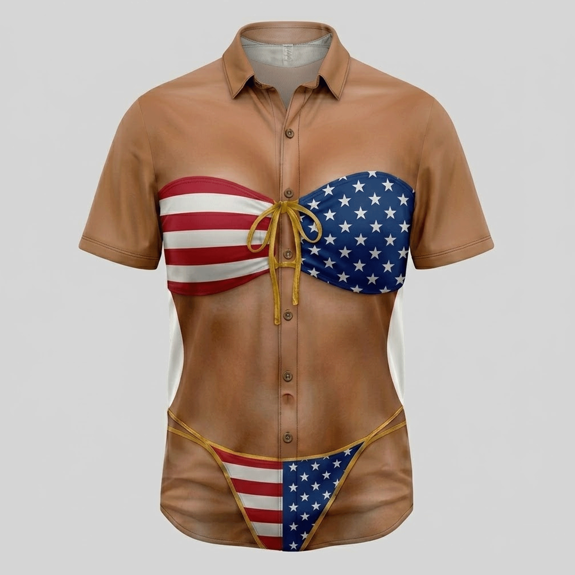 Funny USA Bikini Illusion Hawaiian Shirt 4th of July Aloha Button Down That Gets Laughs