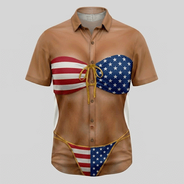 Funny USA Bikini Illusion Hawaiian Shirt 4th of July Aloha Button Down That Gets Laughs