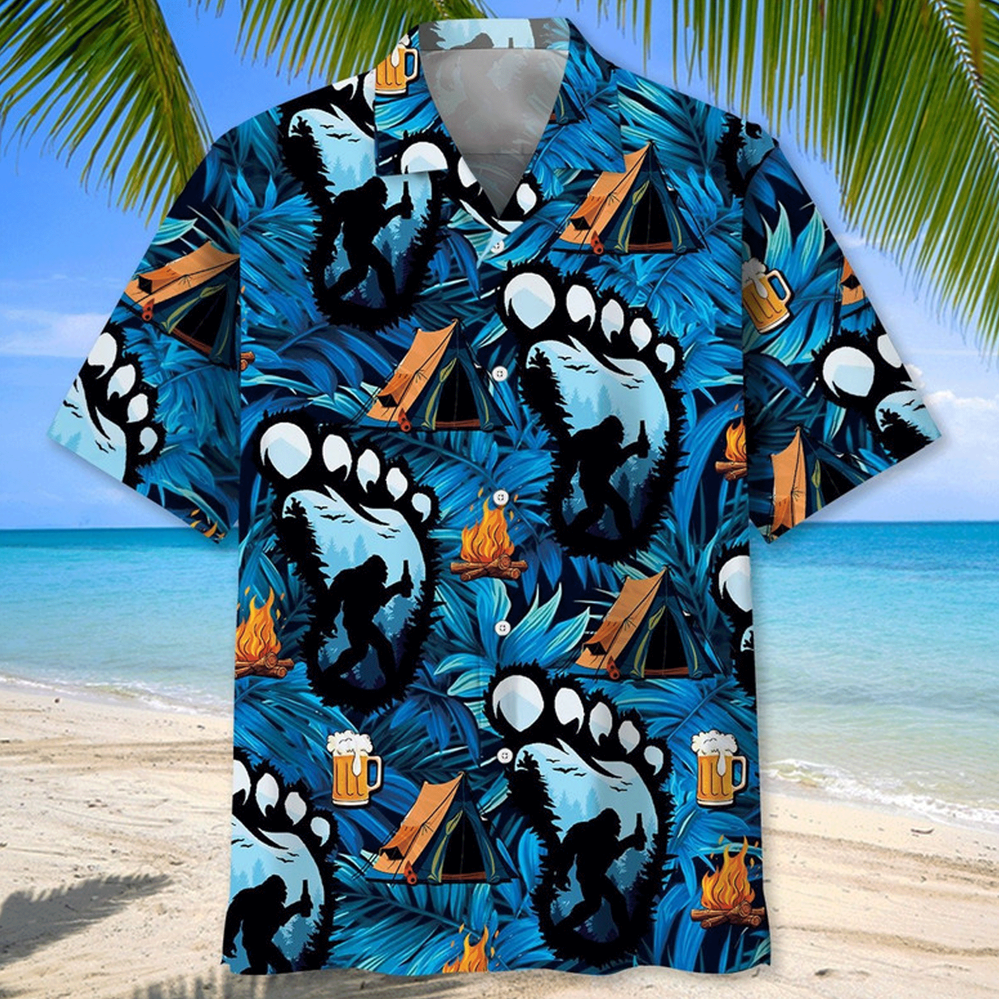Funny Bigfoot Camping Hawaiian Shirt  Sasquatch Beer Aloha Button Down,Summer Beach Outfit That Gets Laughs