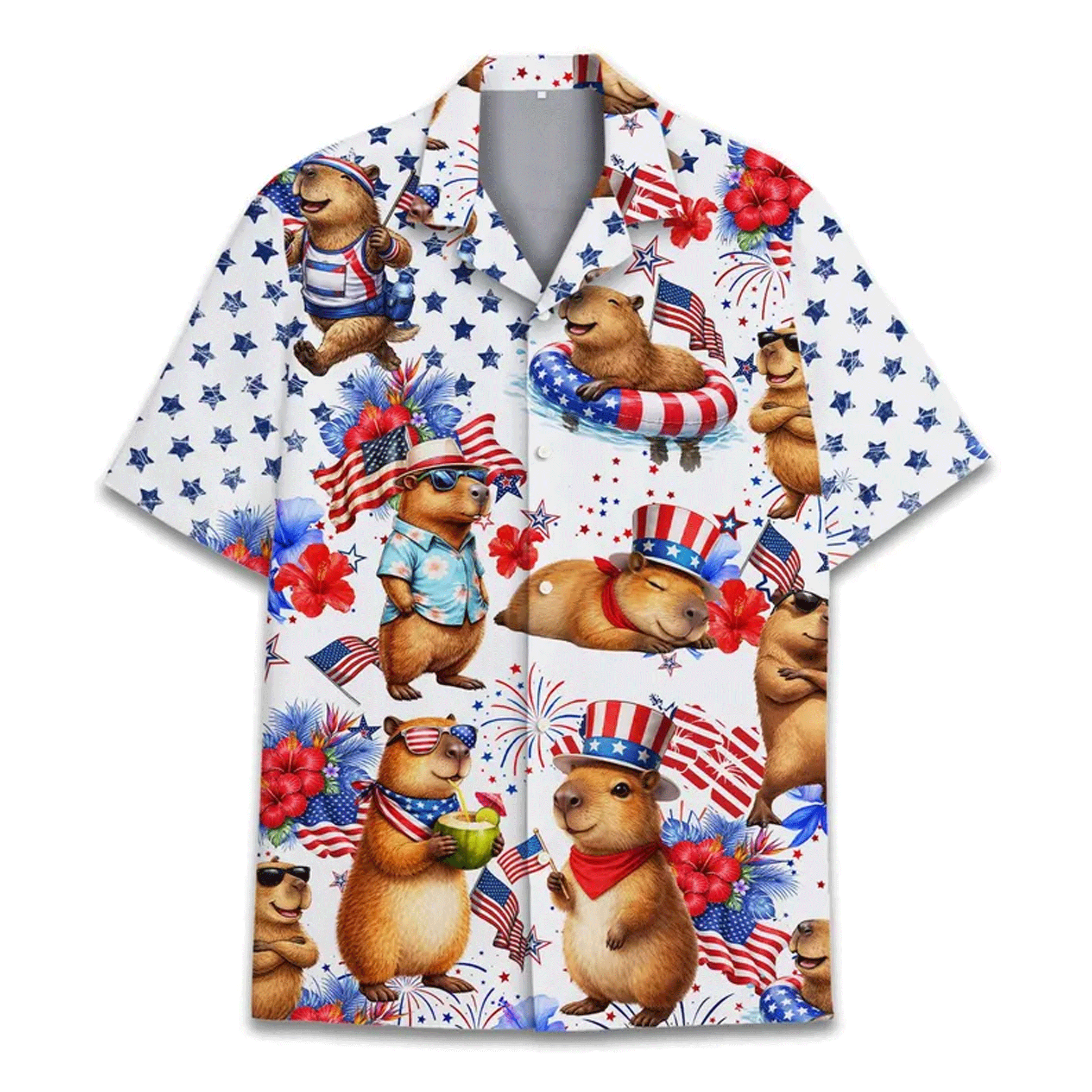 Funny Patriotic Capybara Hawaiian Shirt  USA Flag Aloha Button Down 4th of July Outfit That Gets Compliments