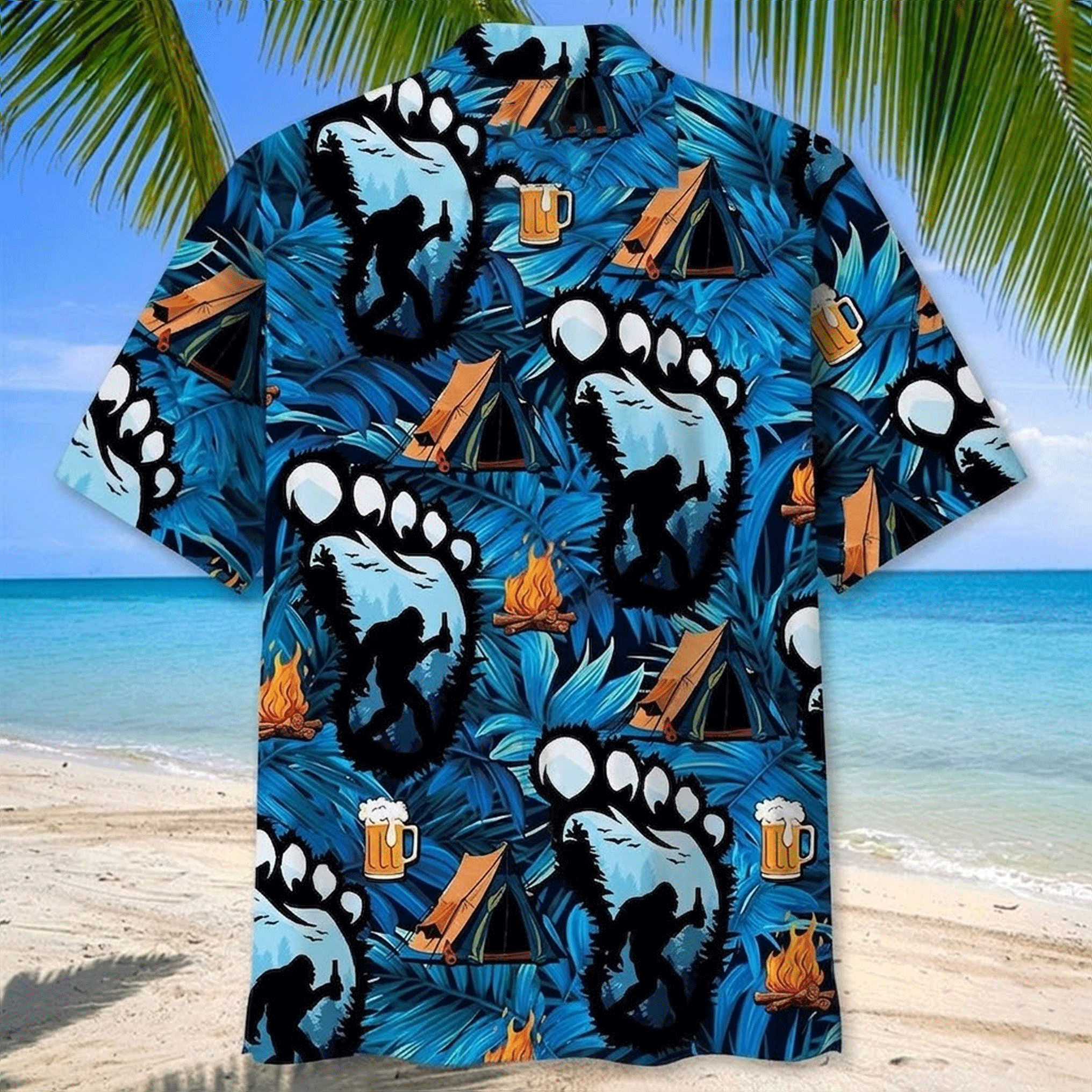 Funny Bigfoot Camping Hawaiian Shirt  Sasquatch Beer Aloha Button Down,Summer Beach Outfit That Gets Laughs