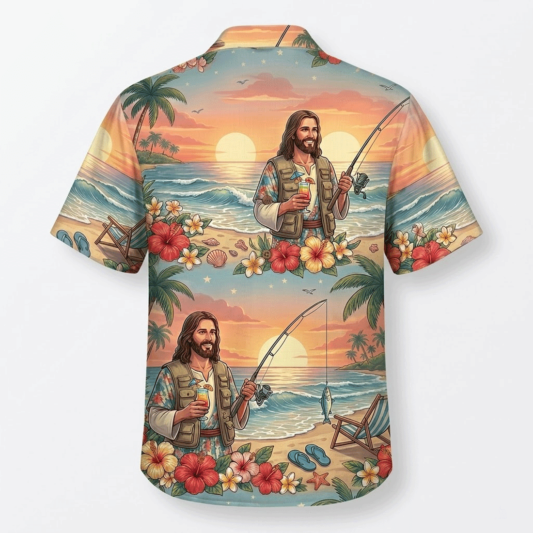 Funny Jesus Fishing Hawaiian Shirt  Tropical Sunset Aloha Button Down Beach Outfit That Gets Compliments