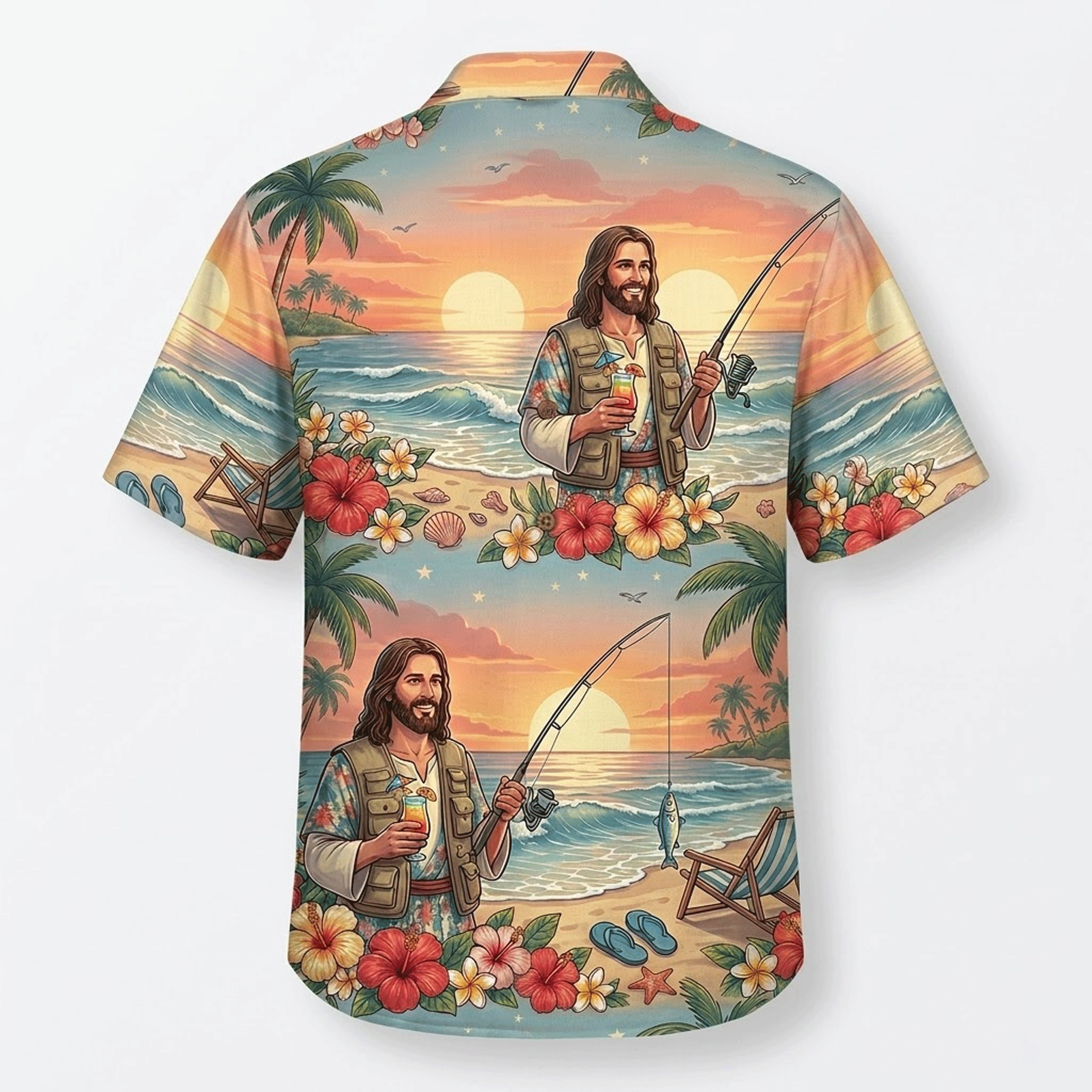 Funny Jesus Fishing Hawaiian Shirt  Tropical Sunset Aloha Button Down Beach Outfit That Gets Compliments