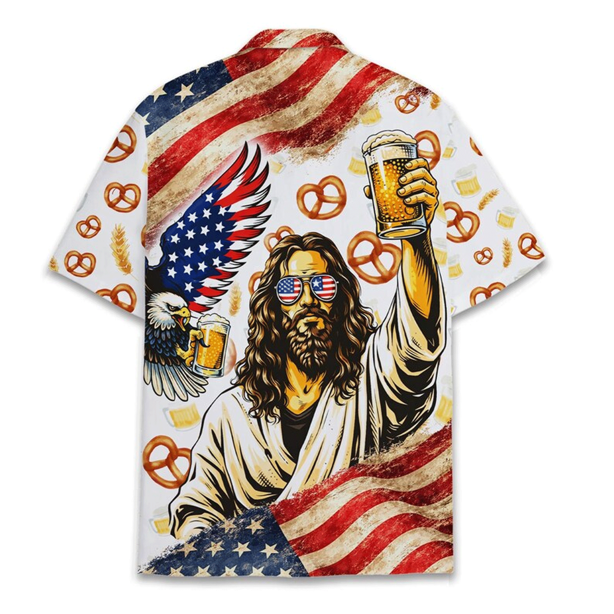 American Flag Jesus Beer Shirt for Men Women Patriotic Beer Lover Aloha Shirt 4th of July Button Up Shirt Beer Lover Gift