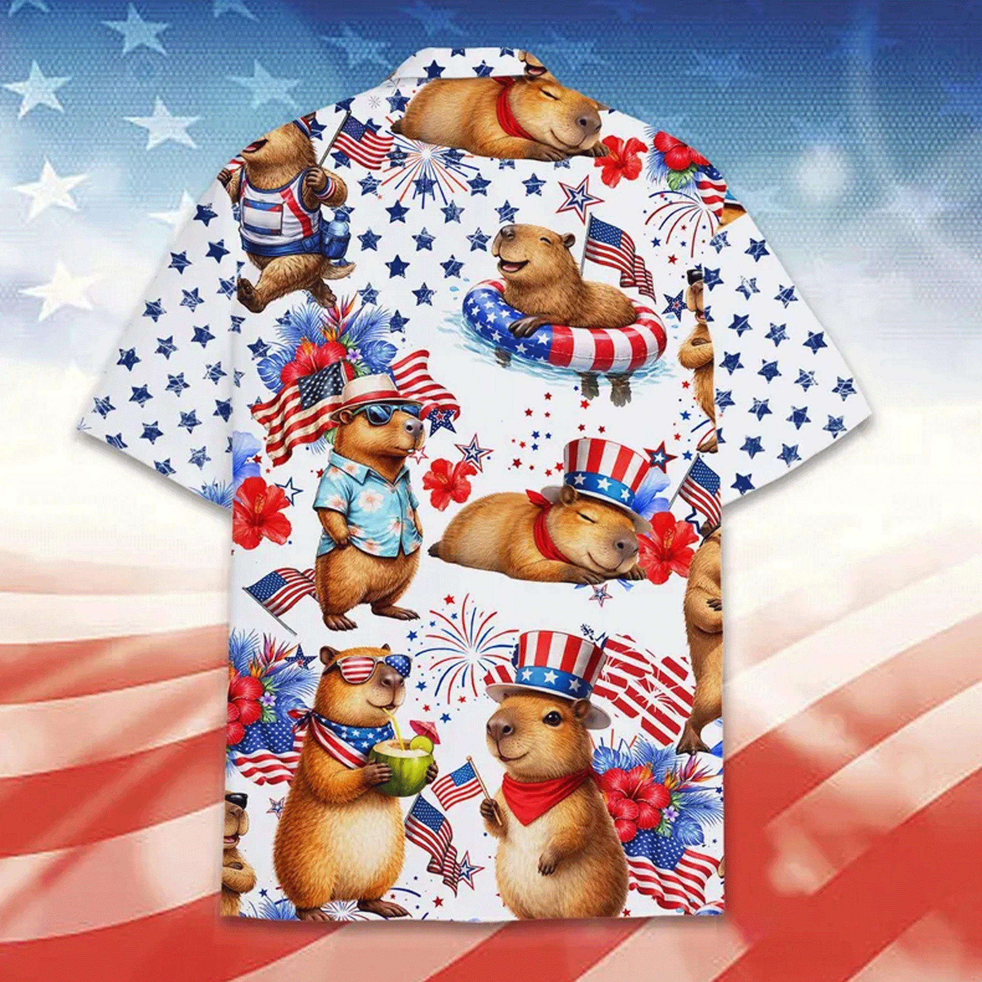 Funny Patriotic Capybara Hawaiian Shirt  USA Flag Aloha Button Down 4th of July Outfit That Gets Compliments
