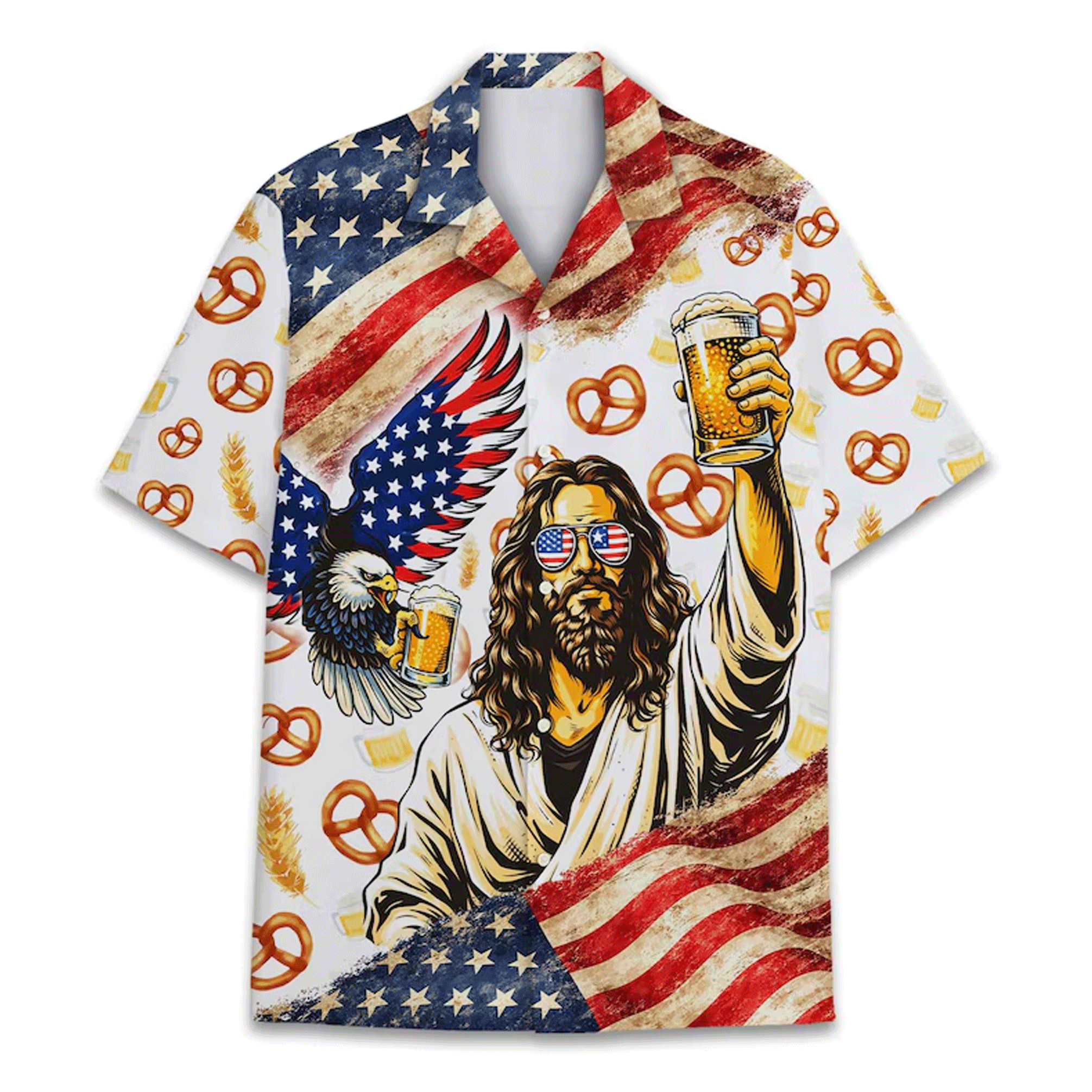 American Flag Jesus Beer Shirt for Men Women Patriotic Beer Lover Aloha Shirt 4th of July Button Up Shirt Beer Lover Gift