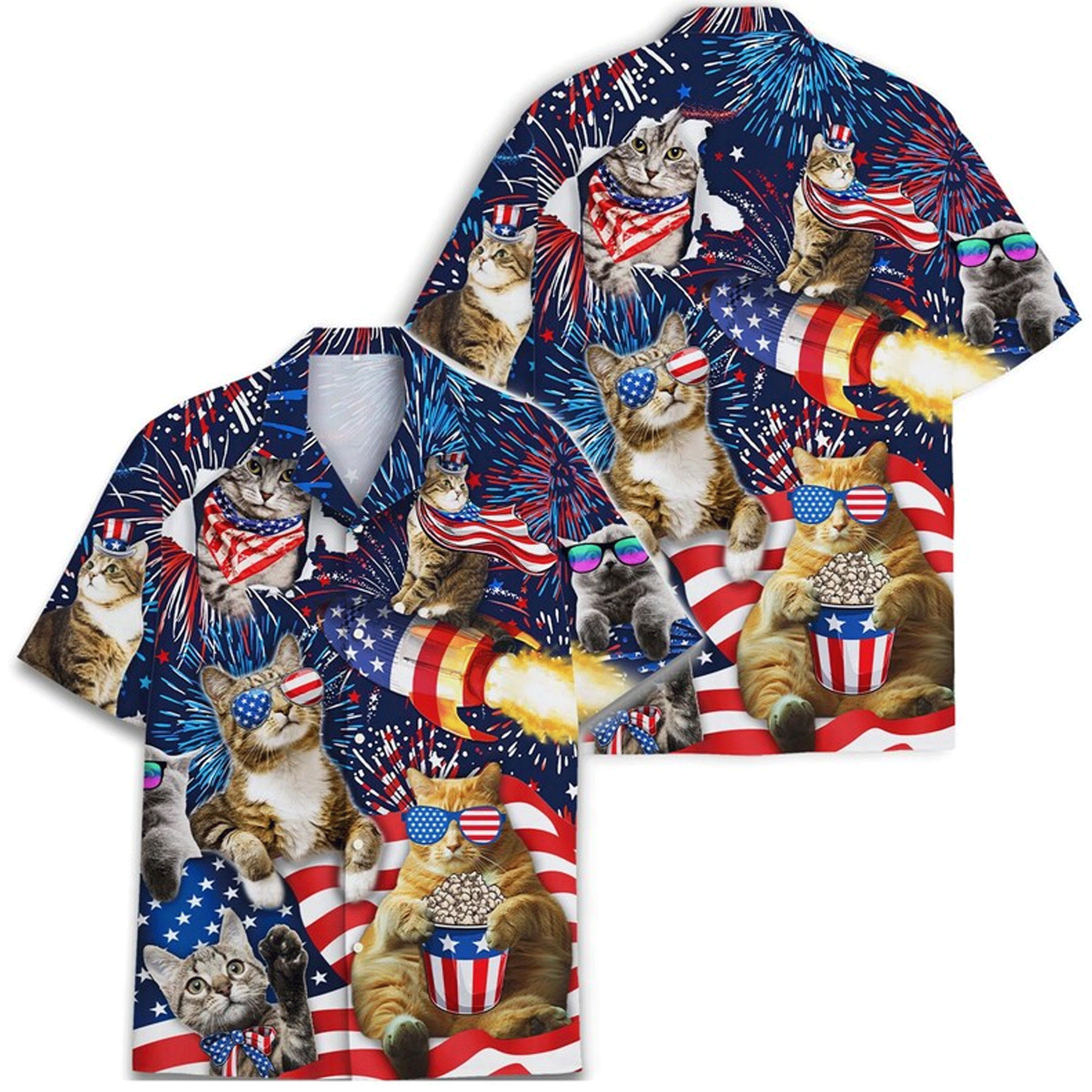 Funny Cat American Flag Hawaiian Shirt  Patriotic 4th of July Aloha Button Down That Gets Compliments