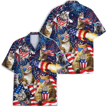 Funny Cat American Flag Hawaiian Shirt  Patriotic 4th of July Aloha Button Down That Gets Compliments