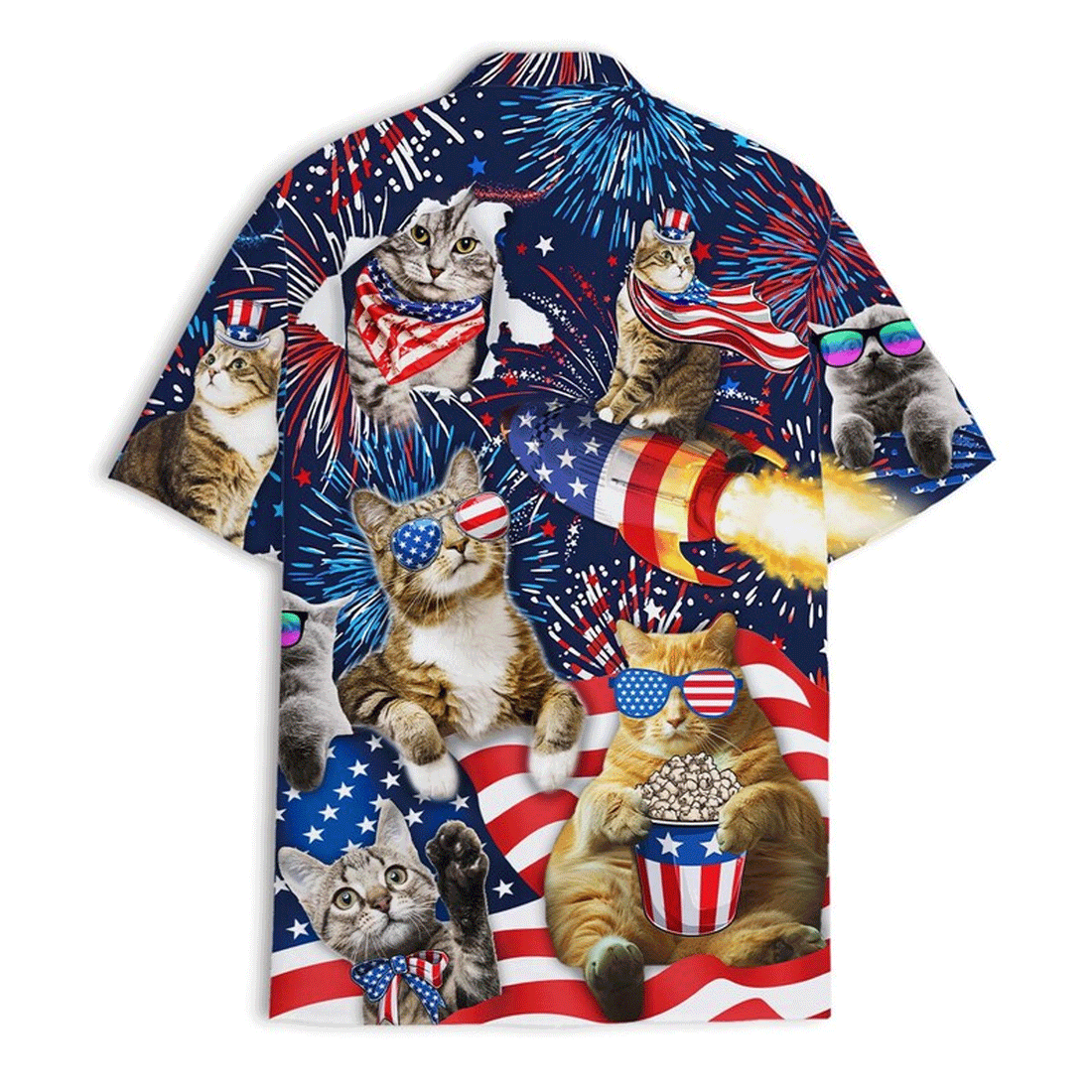 Funny Cat American Flag Hawaiian Shirt  Patriotic 4th of July Aloha Button Down That Gets Compliments