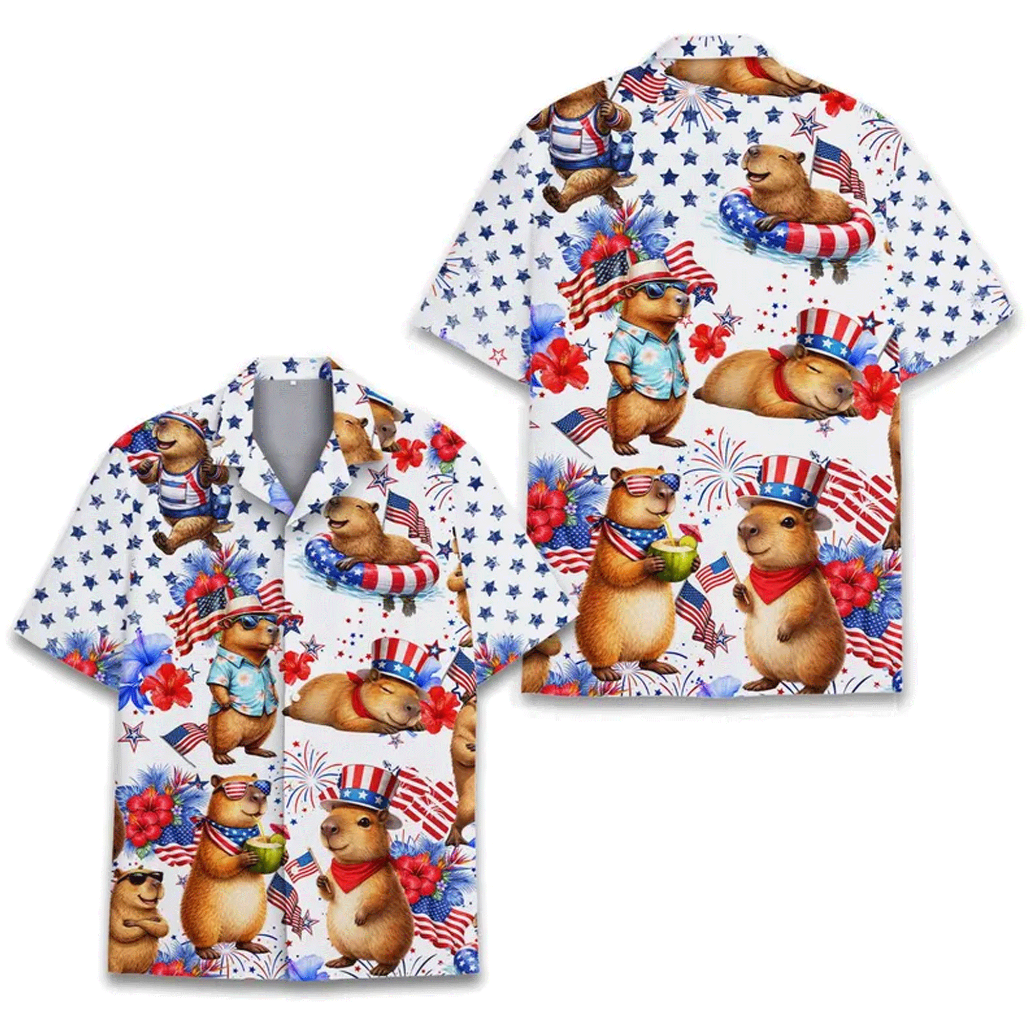 Funny Patriotic Capybara Hawaiian Shirt  USA Flag Aloha Button Down 4th of July Outfit That Gets Compliments