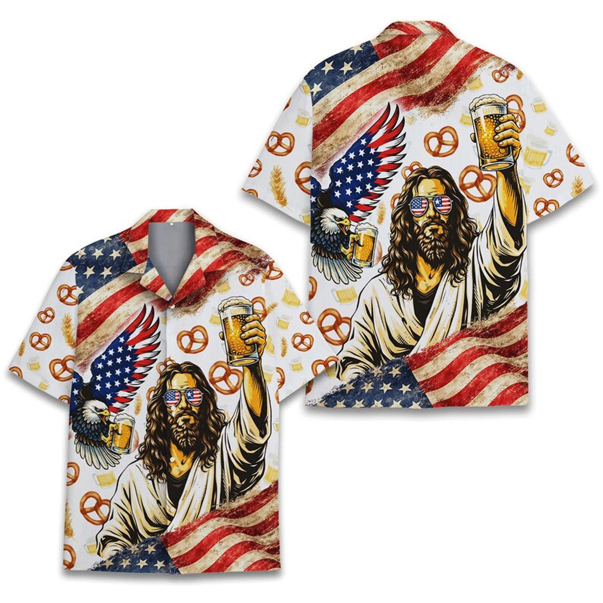 American Flag Jesus Beer Shirt for Men Women Patriotic Beer Lover Aloha Shirt 4th of July Button Up Shirt Beer Lover Gift
