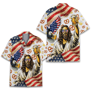 American Flag Jesus Beer Shirt for Men Women Patriotic Beer Lover Aloha Shirt 4th of July Button Up Shirt Beer Lover Gift