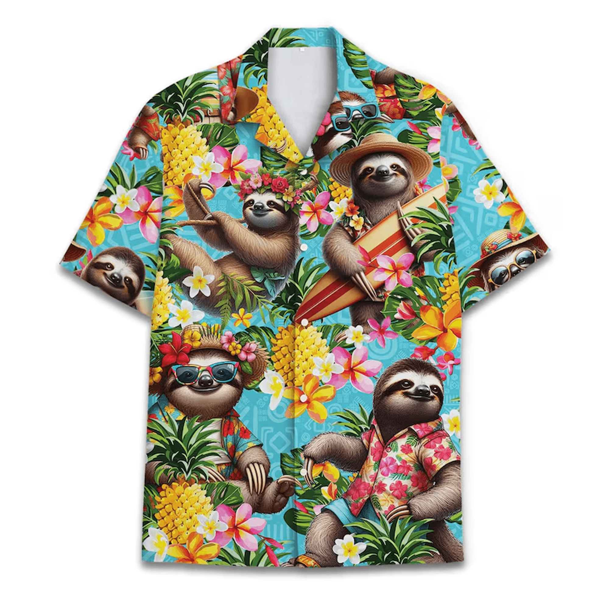 Pineapple Sloth Hawaiian Shirt  Funny Tropical Aloha Summer Button Down Short Sleeve Casual Shirt