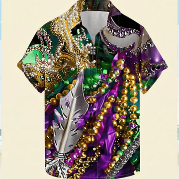 Mardi Gras Fleur de Lis Hawaiian Shirt – New Orleans Stripe Aloha Shirt, Purple Green Gold Button Up