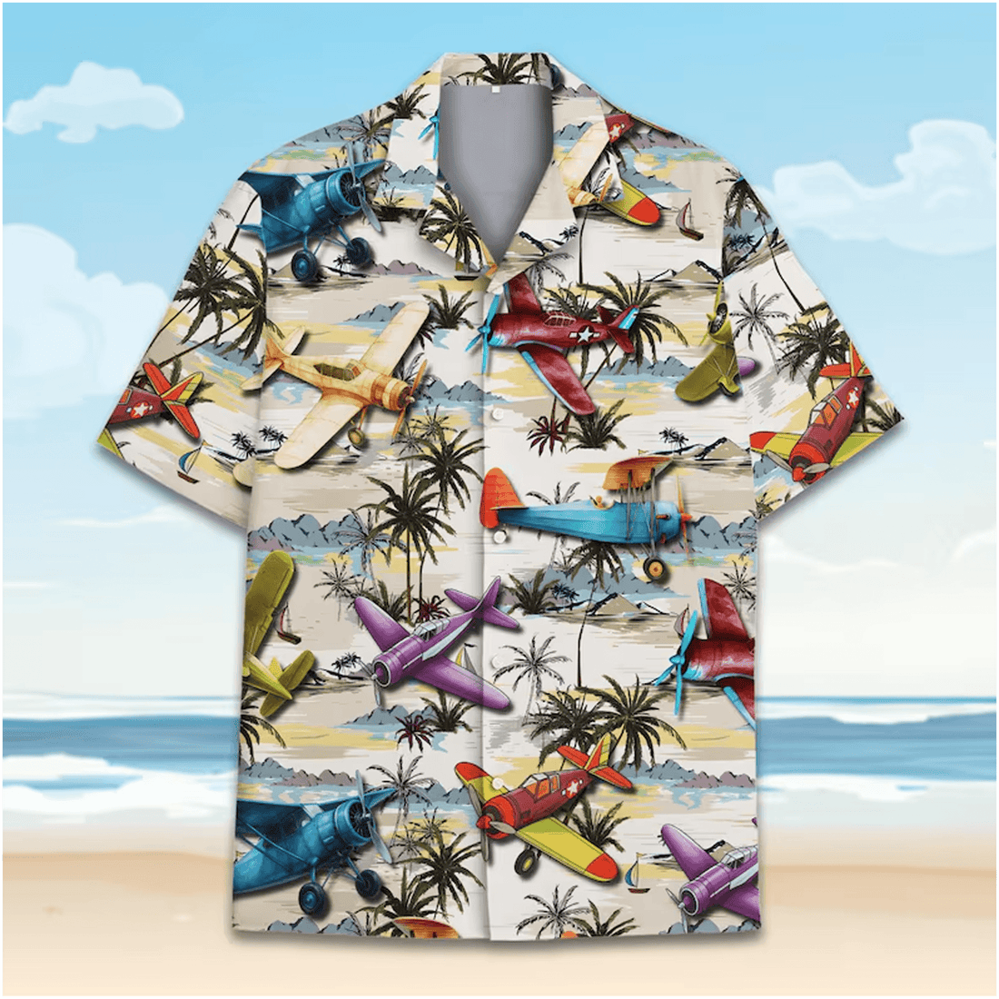 Vintage Airplane Hawaiian Shirt  Retro Propeller Plane Aloha Shirt Tropical Island Palm Tree Button Up