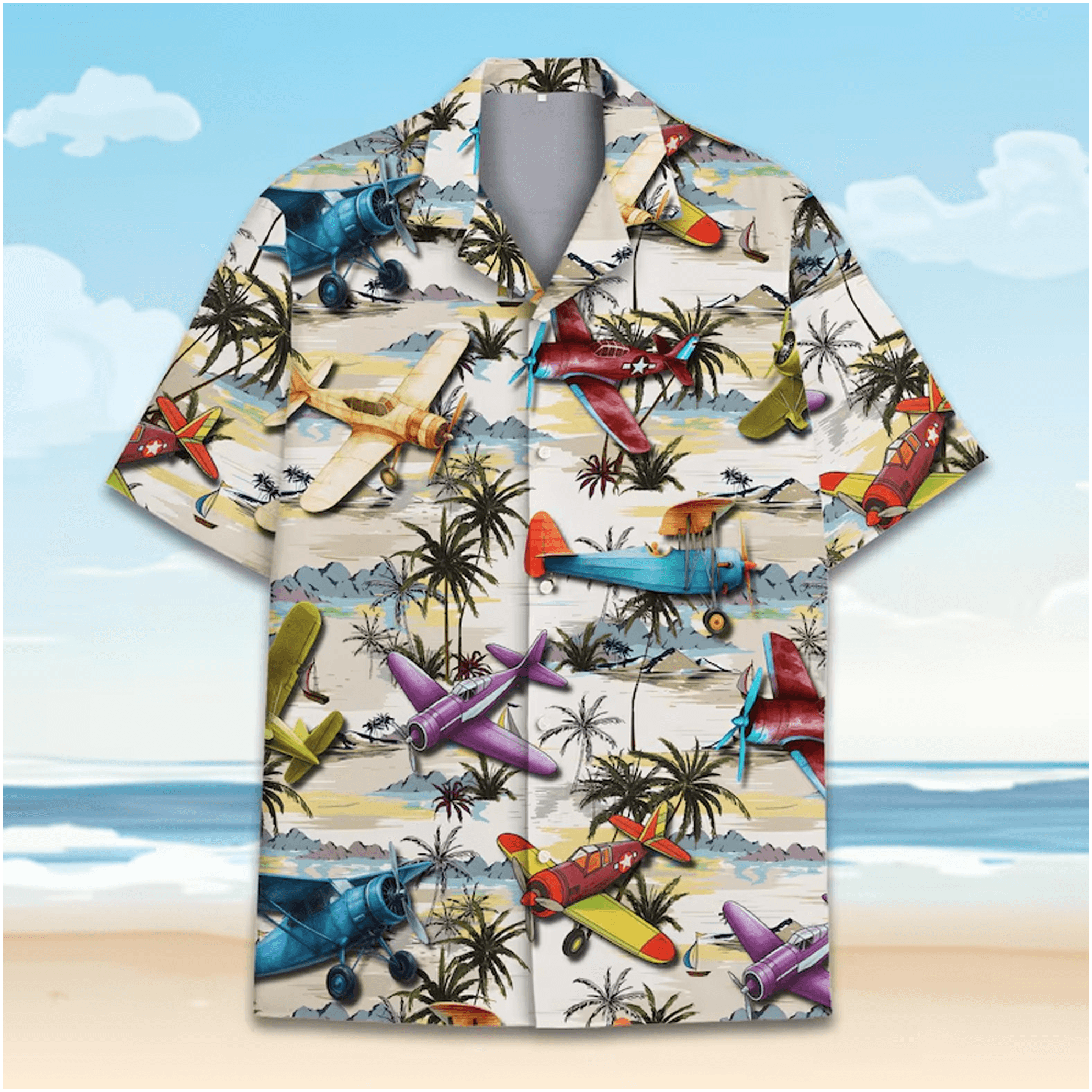 Vintage Airplane Hawaiian Shirt  Retro Propeller Plane Aloha Shirt Tropical Island Palm Tree Button Up